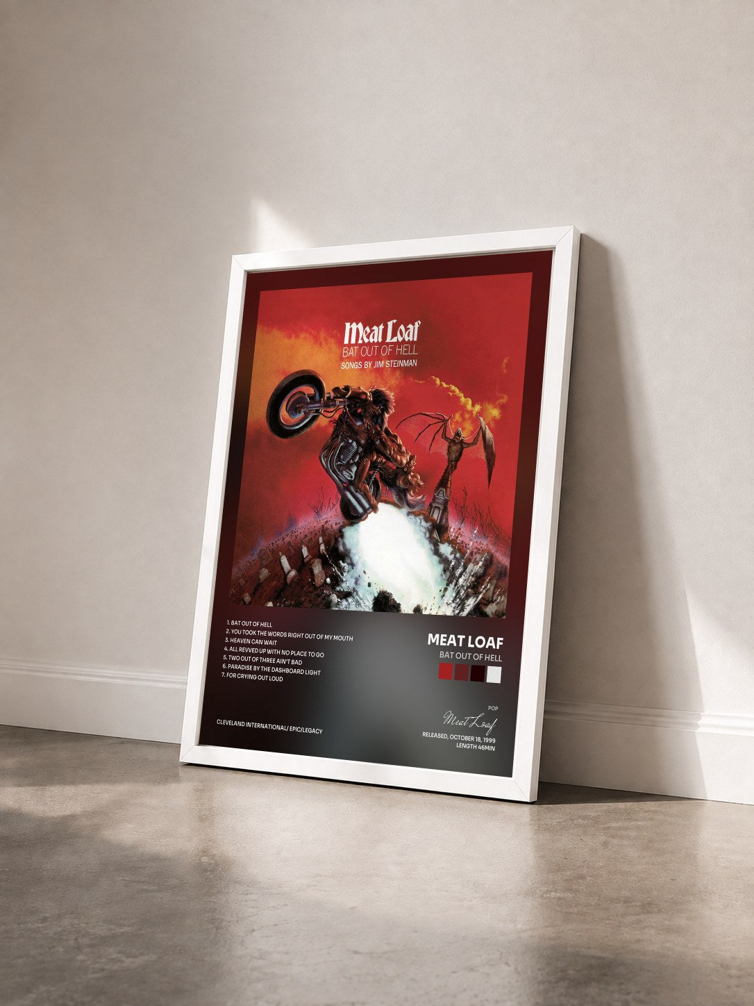 #blanc Tableau de l'album Bat Out Of Hell de Meat Loaf vu de trois quarts, cadre blanc