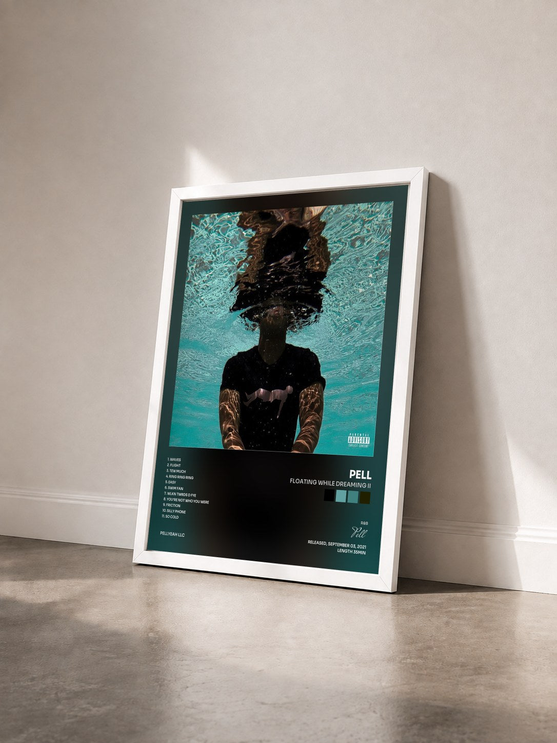 #blanc Tableau de l'album Floating While Dreaming II de Pell vu de trois quarts, cadre blanc
