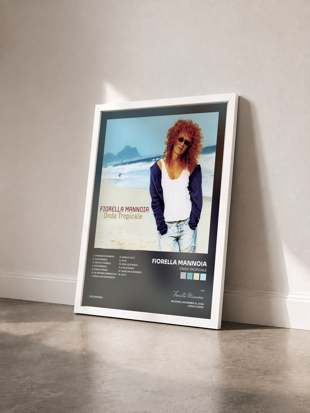 #blanc Tableau de l'album Onda Tropicale de Fiorella Mannoia vu de trois quarts, cadre blanc