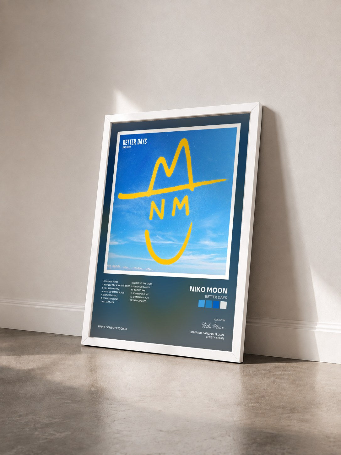#blanc Tableau de l'album BETTER DAYS de Niko Moon vu de trois quarts, cadre blanc