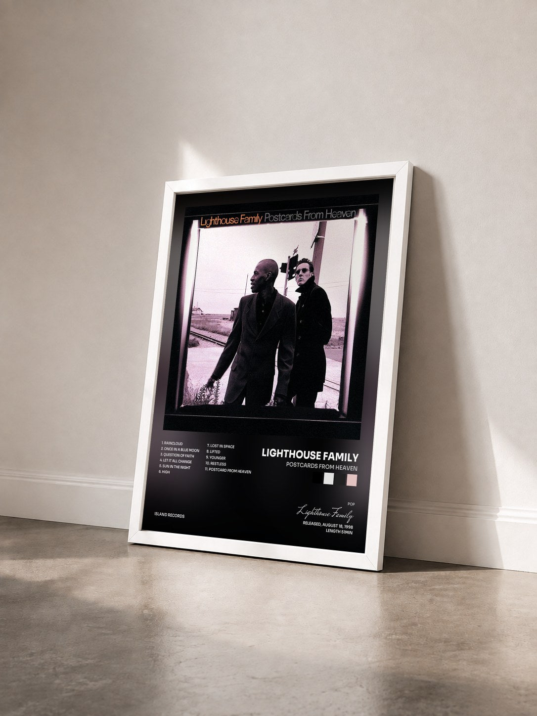 #blanc Tableau de l'album Postcards From Heaven de Lighthouse Family vu de trois quarts, cadre blanc