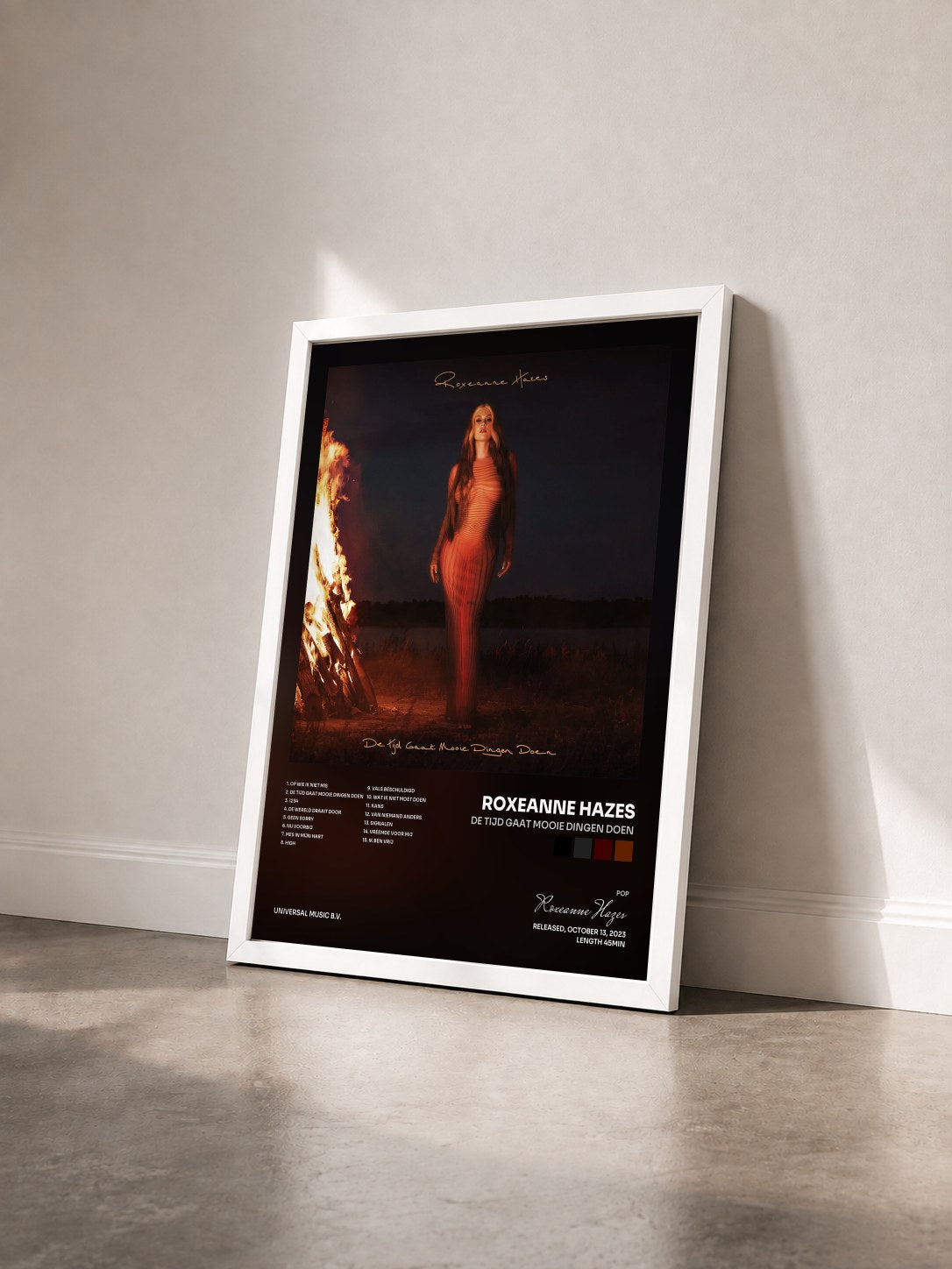 #blanc Tableau de l'album De Tijd Gaat Mooie Dingen Doen de Roxeanne Hazes vu de trois quarts, cadre blanc