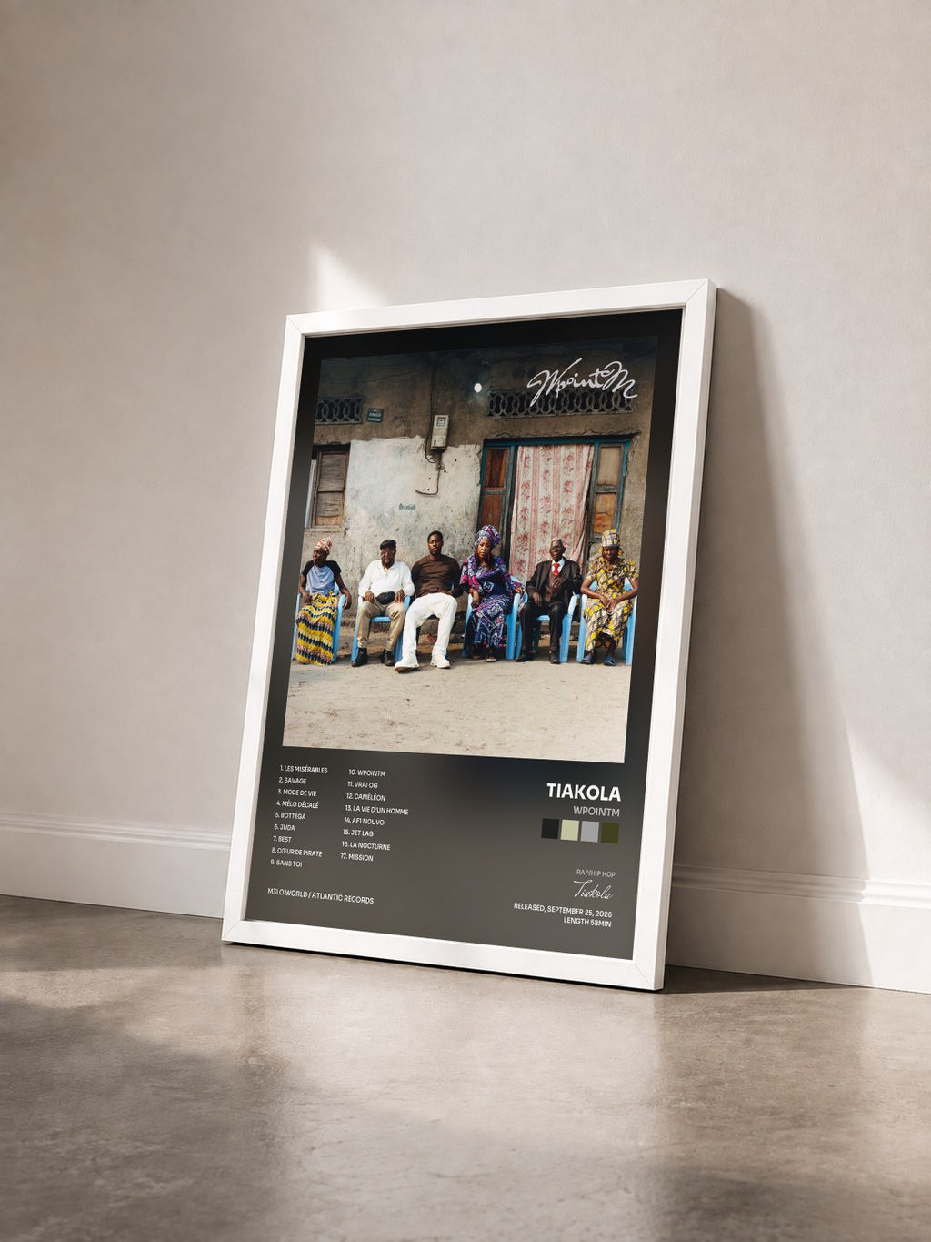 #blanc Tableau de l'album WpointM de Tiakola vu de trois quarts, cadre blanc