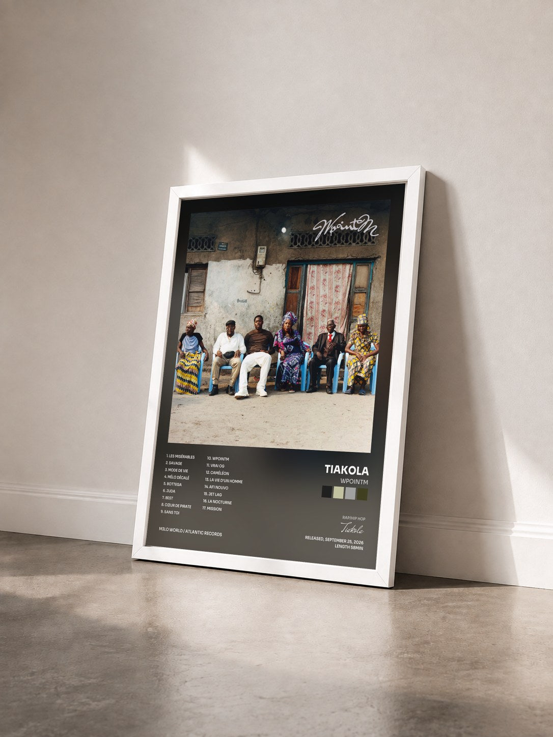 #blanc Tableau de l'album WpointM de Tiakola vu de trois quarts, cadre blanc