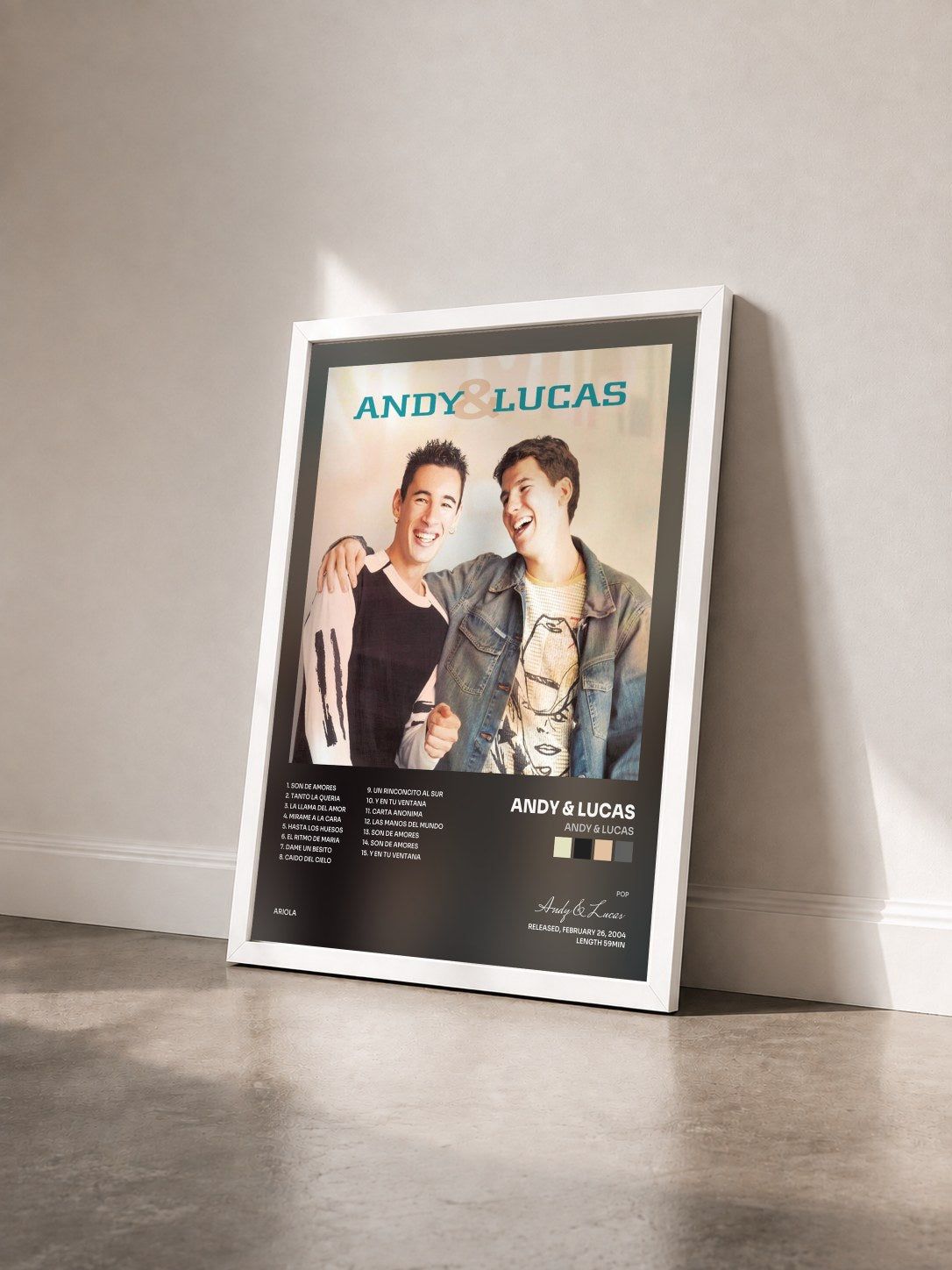 #blanc Tableau de l'album Andy & Lucas de Andy & Lucas vu de trois quarts, cadre blanc