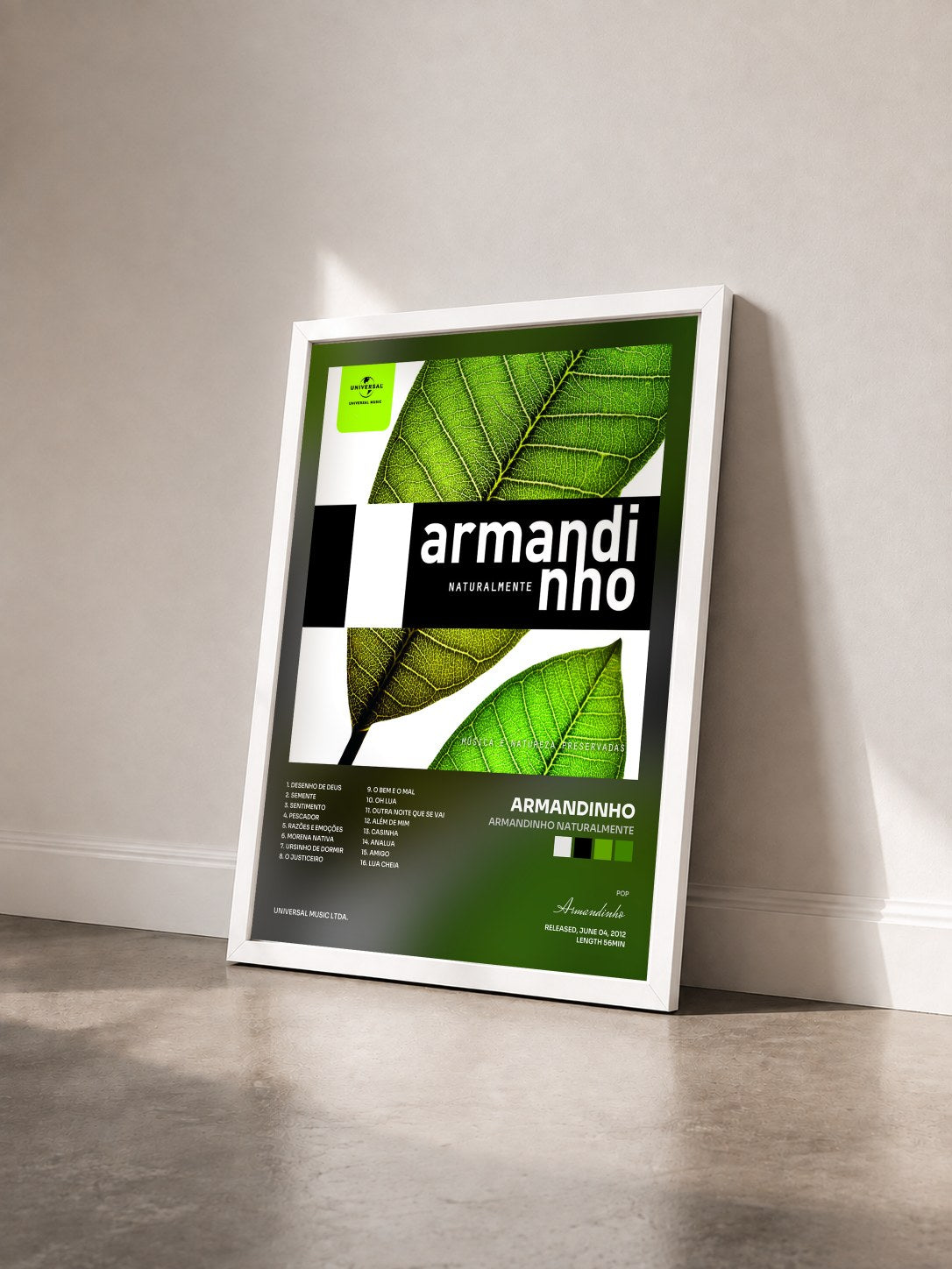 #blanc Tableau de l'album Armandinho Naturalmente de Armandinho vu de trois quarts, cadre blanc