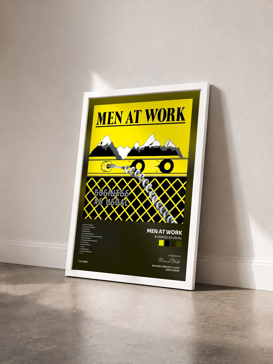 #blanc Tableau de l'album Business As Usual de Men at Work vu de trois quarts, cadre blanc