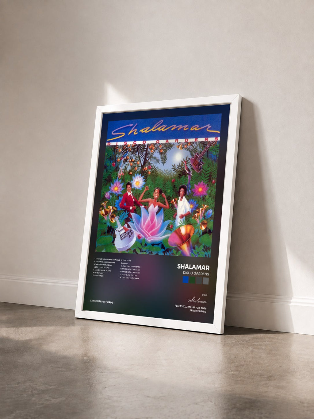 #blanc Tableau de l'album Disco Gardens de Shalamar vu de trois quarts, cadre blanc