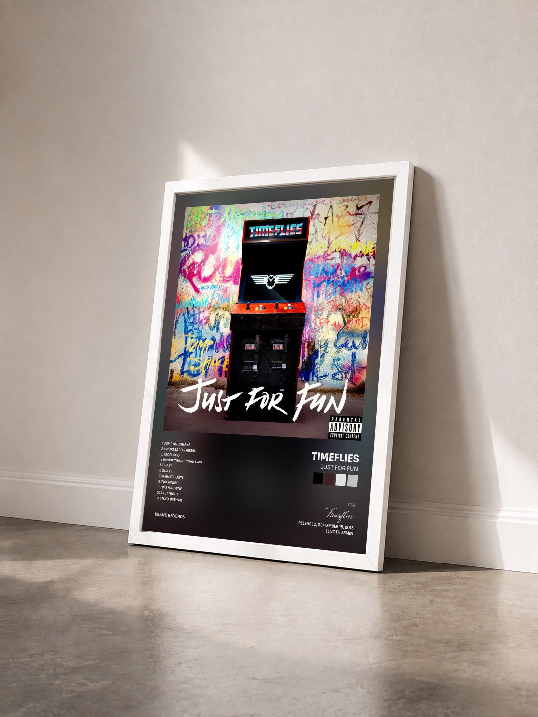 #blanc Tableau de l'album Just For Fun de Timeflies vu de trois quarts, cadre blanc