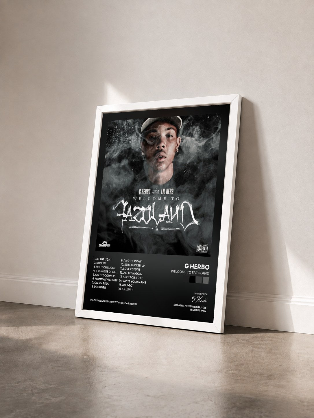 #blanc Tableau de l'album Welcome to Fazoland de G Herbo vu de trois quarts, cadre blanc