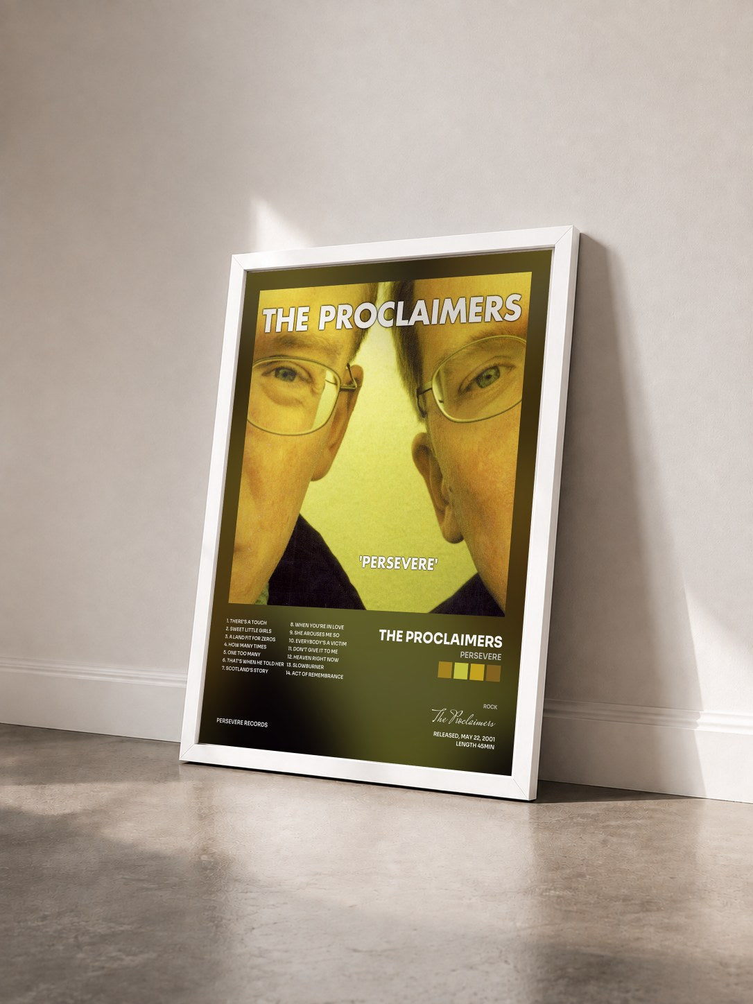 #blanc Tableau de l'album Persevere de The Proclaimers vu de trois quarts, cadre blanc