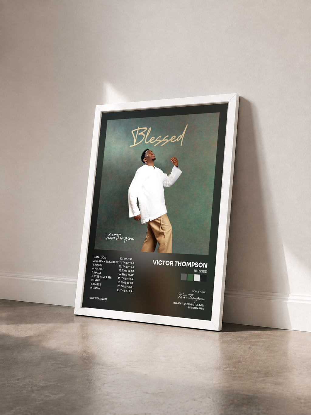 #blanc Blessed by Victor Thompson as a framed art print seen at an angle, white frame