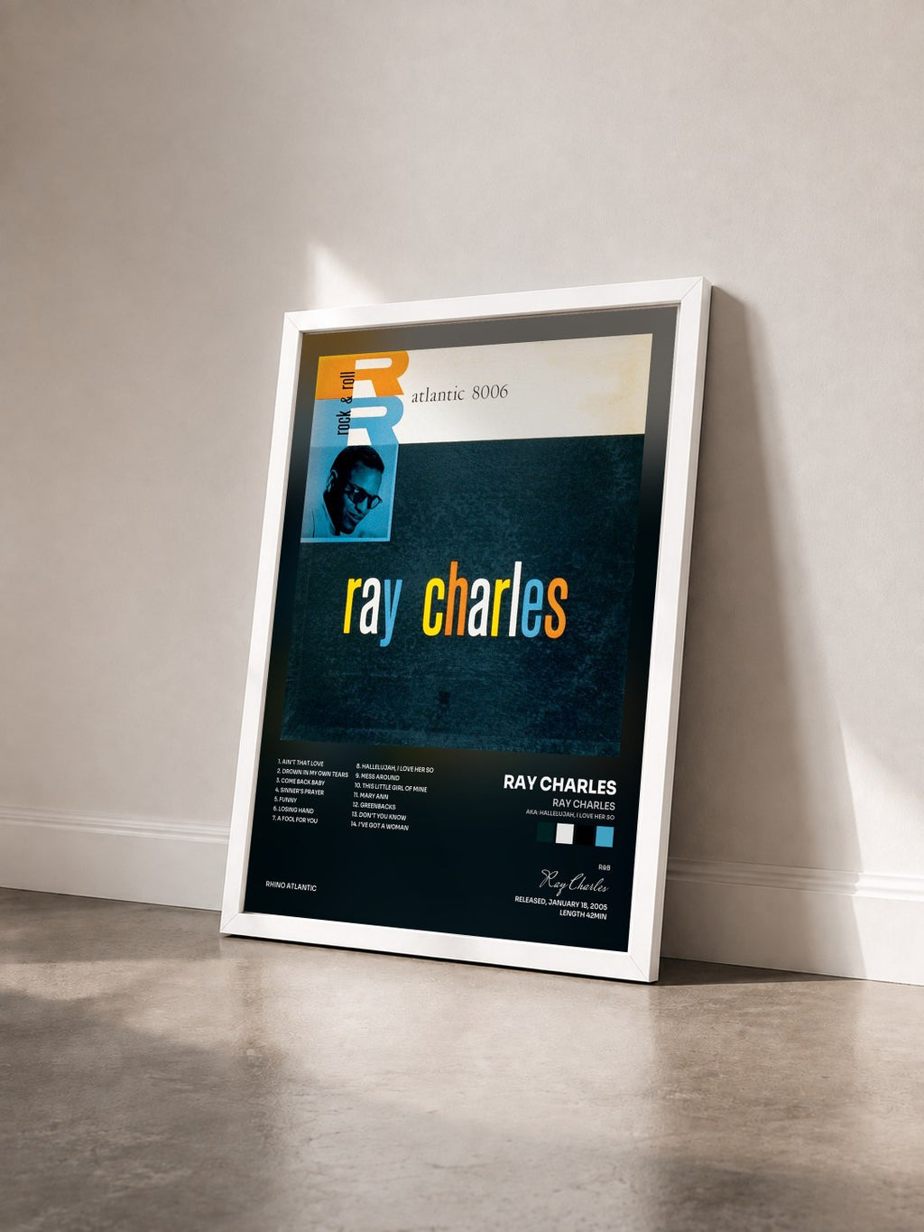 #blanc Tableau de l'album Ray Charles (aka: Hallelujah, I Love Her So) de Ray Charles vu de trois quarts, cadre blanc