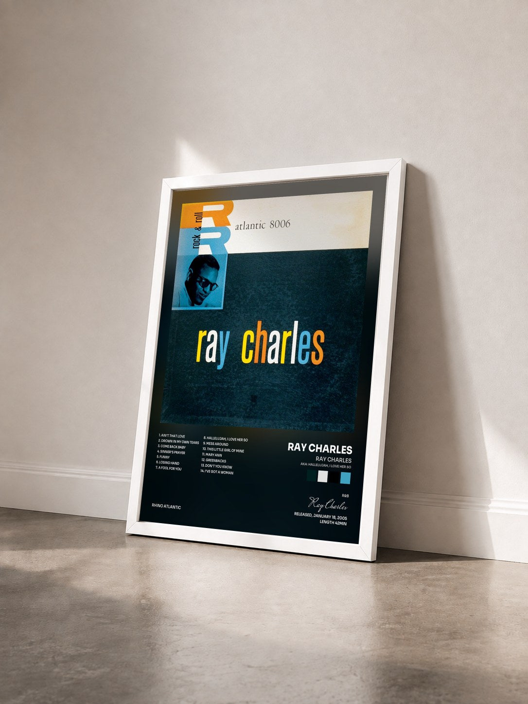 #blanc Tableau de l'album Ray Charles (aka: Hallelujah, I Love Her So) de Ray Charles vu de trois quarts, cadre blanc