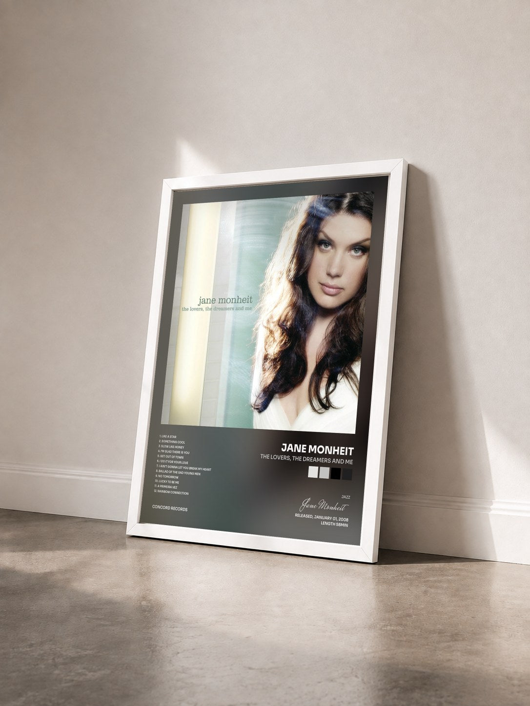#blanc Tableau de l'album The Lovers, the Dreamers and Me de Jane Monheit vu de trois quarts, cadre blanc