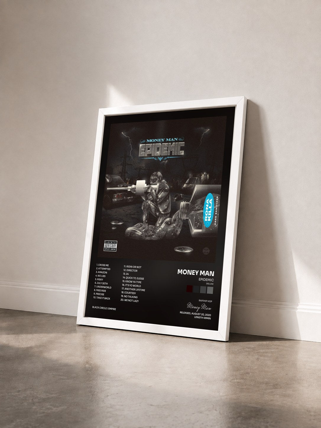 #blanc Tableau de l'album Epidemic (Deluxe) de Money Man vu de trois quarts, cadre blanc