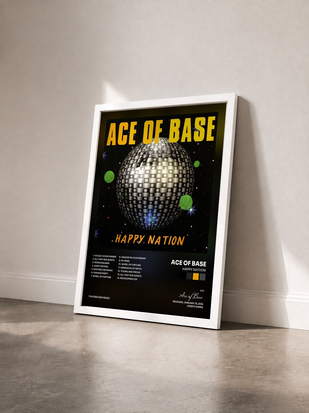 #blanc Tableau de l'album Happy Nation de Ace of Base vu de trois quarts, cadre blanc