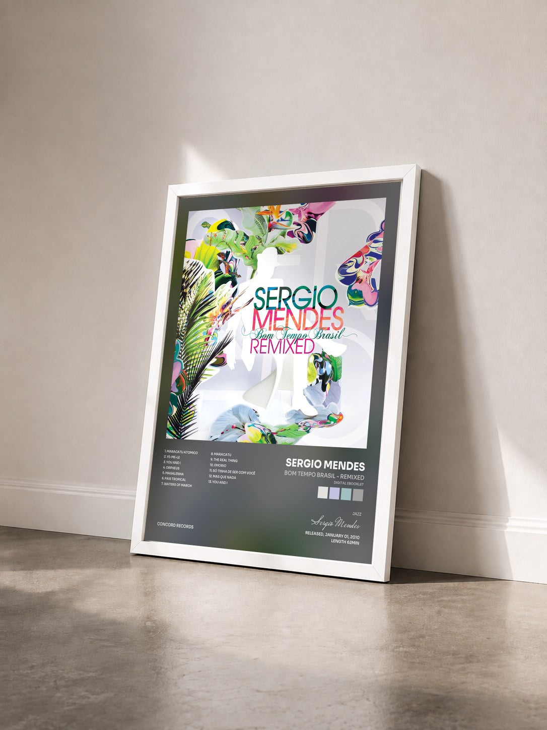 #blanc Tableau de l'album Bom Tempo Brasil - Remixed (Digital eBooklet) de Sergio Mendes vu de trois quarts, cadre blanc