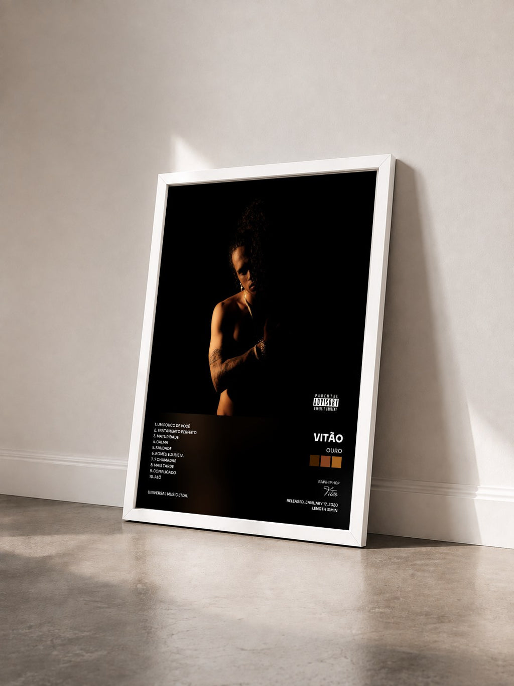 #blanc Ouro by Vitão as a framed art print seen at an angle, white frame