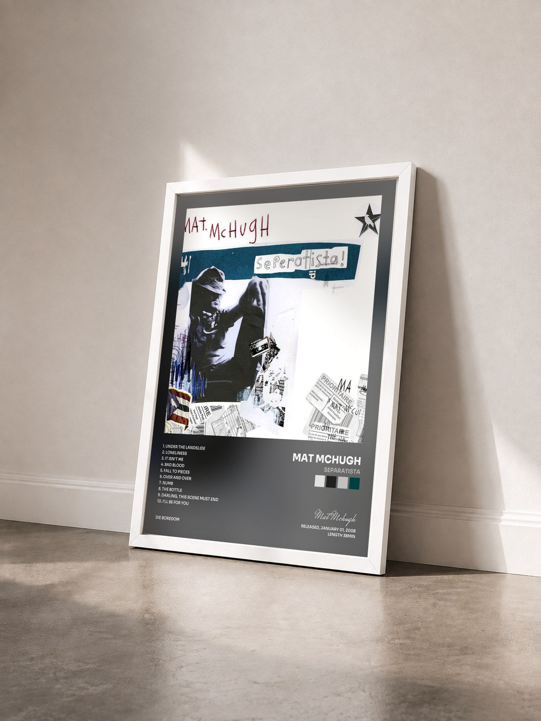 #blanc Tableau de l'album Separatista de Mat Mchugh vu de trois quarts, cadre blanc