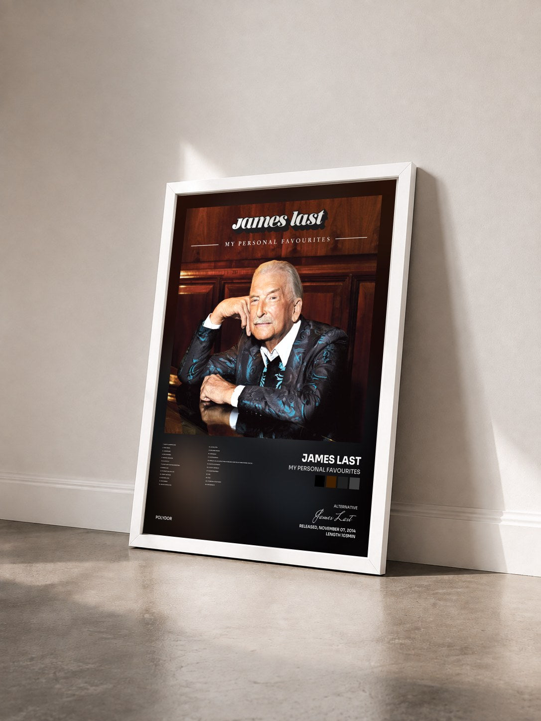 #blanc Tableau de l'album My Personal Favourites de James Last vu de trois quarts, cadre blanc