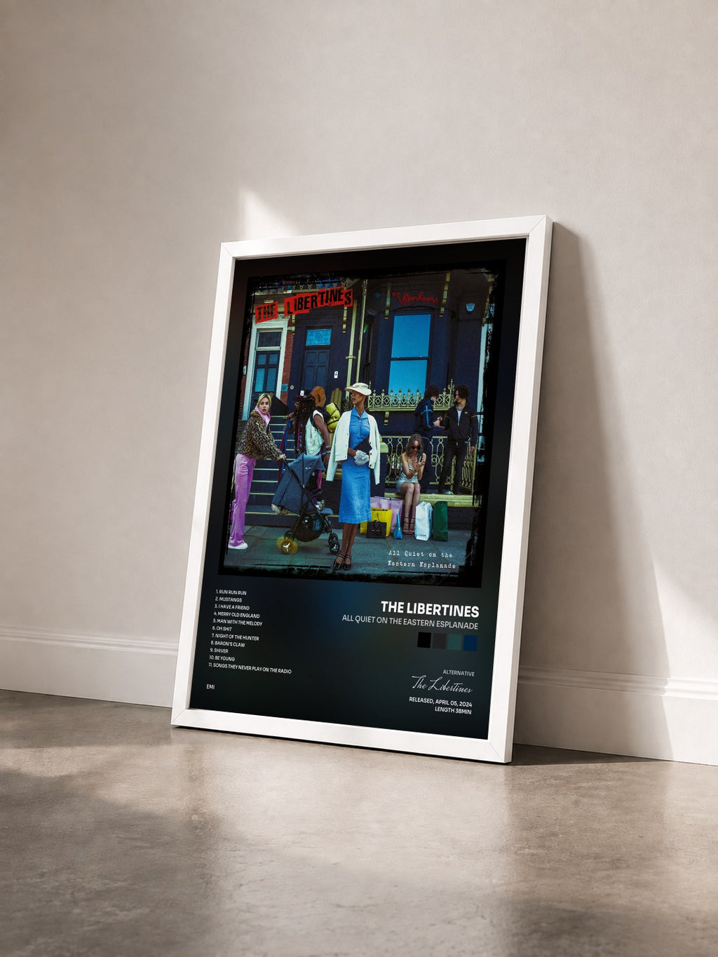 #blanc All Quiet On The Eastern Esplanade by The Libertines as a framed art print seen at an angle, white frame