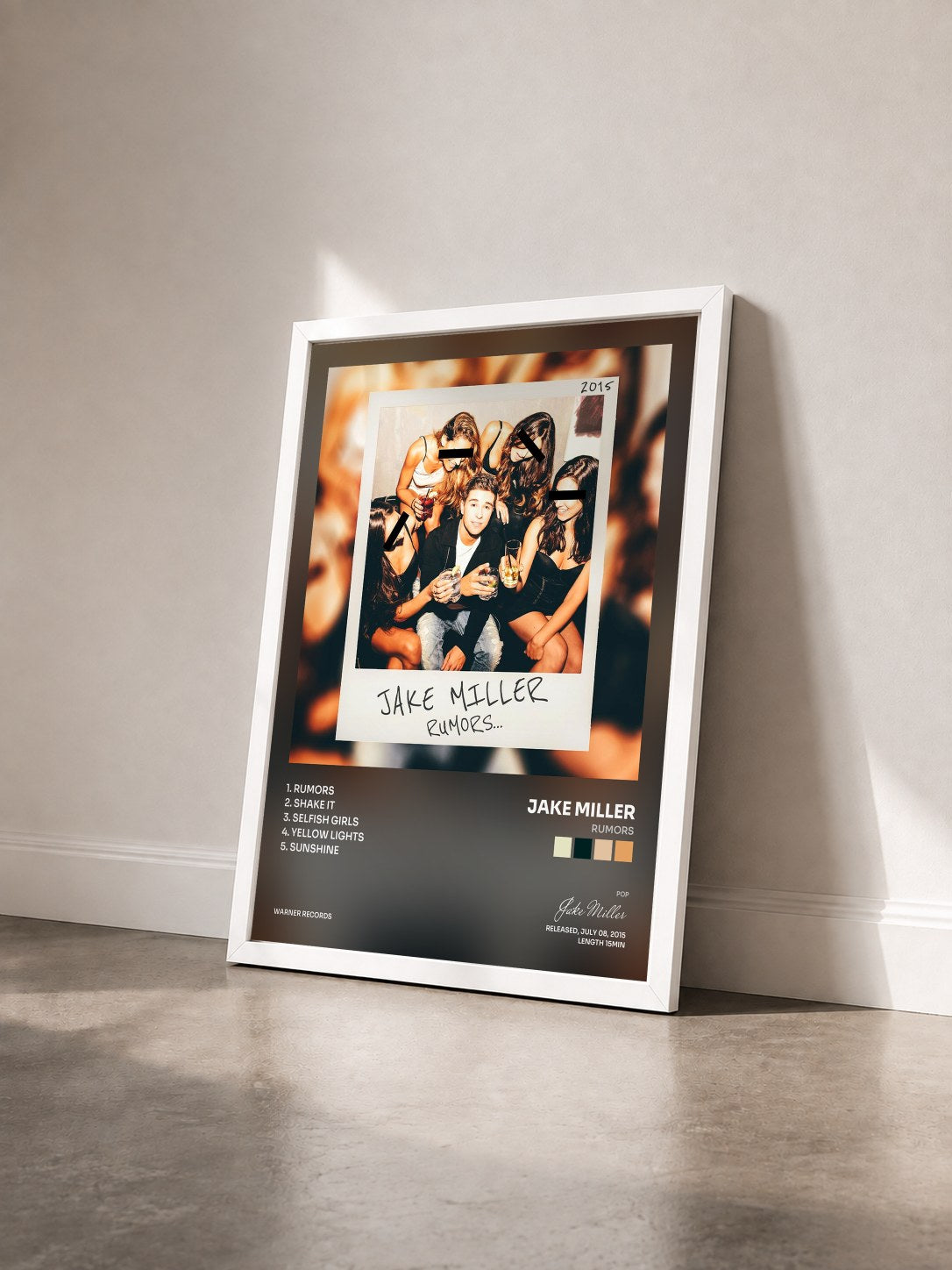 #blanc Tableau de l'album Rumors de Jake Miller vu de trois quarts, cadre blanc