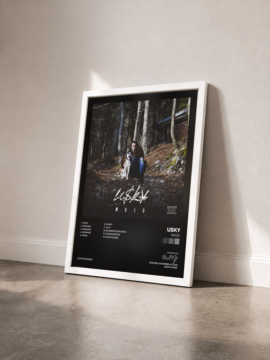 #blanc Tableau de l'album Mojo de USKY vu de trois quarts, cadre blanc