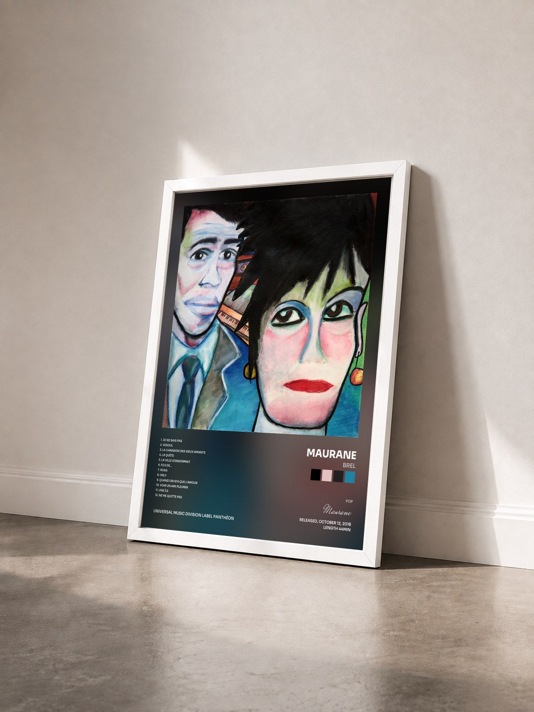 #blanc Tableau de l'album Brel de Maurane vu de trois quarts, cadre blanc