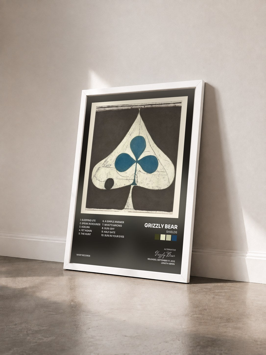 #blanc Tableau de l'album Shields de Grizzly Bear vu de trois quarts, cadre blanc