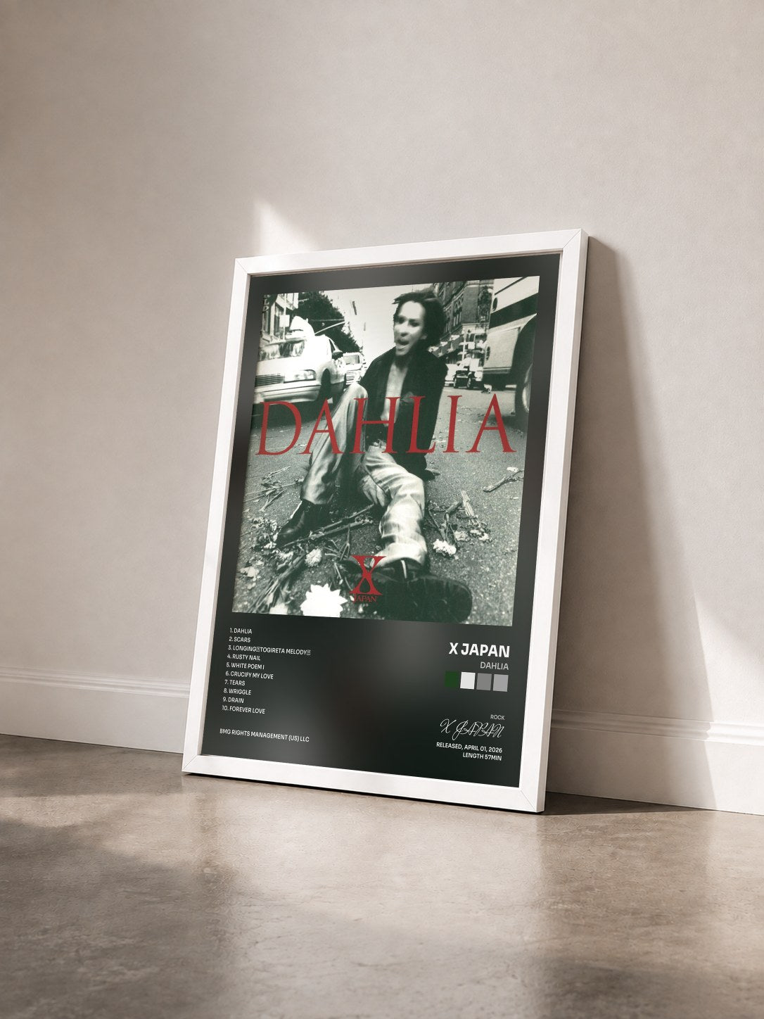#blanc Tableau de l'album DAHLIA de X JAPAN vu de trois quarts, cadre blanc