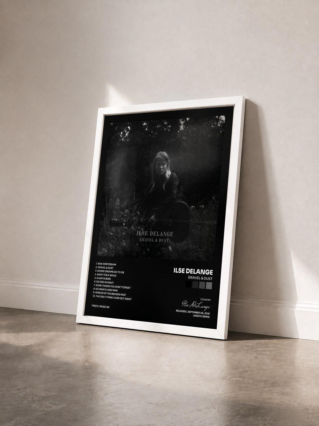 #blanc Tableau de l'album Gravel & Dust de Ilse DeLange vu de trois quarts, cadre blanc