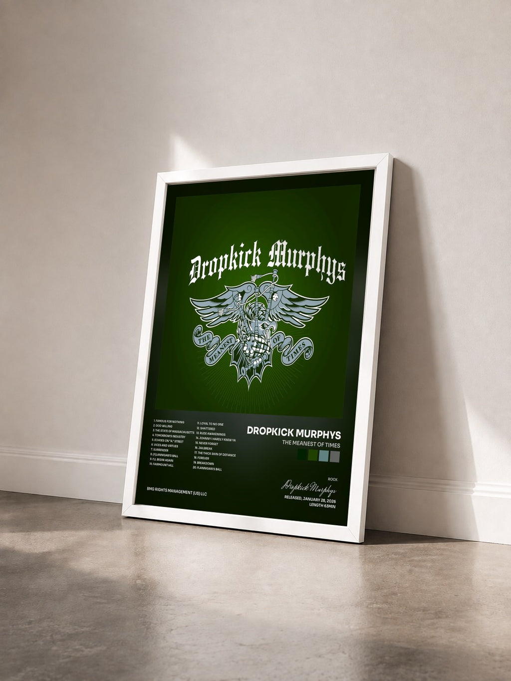 #blanc Tableau de l'album The Meanest of Times de Dropkick Murphys vu de trois quarts, cadre blanc