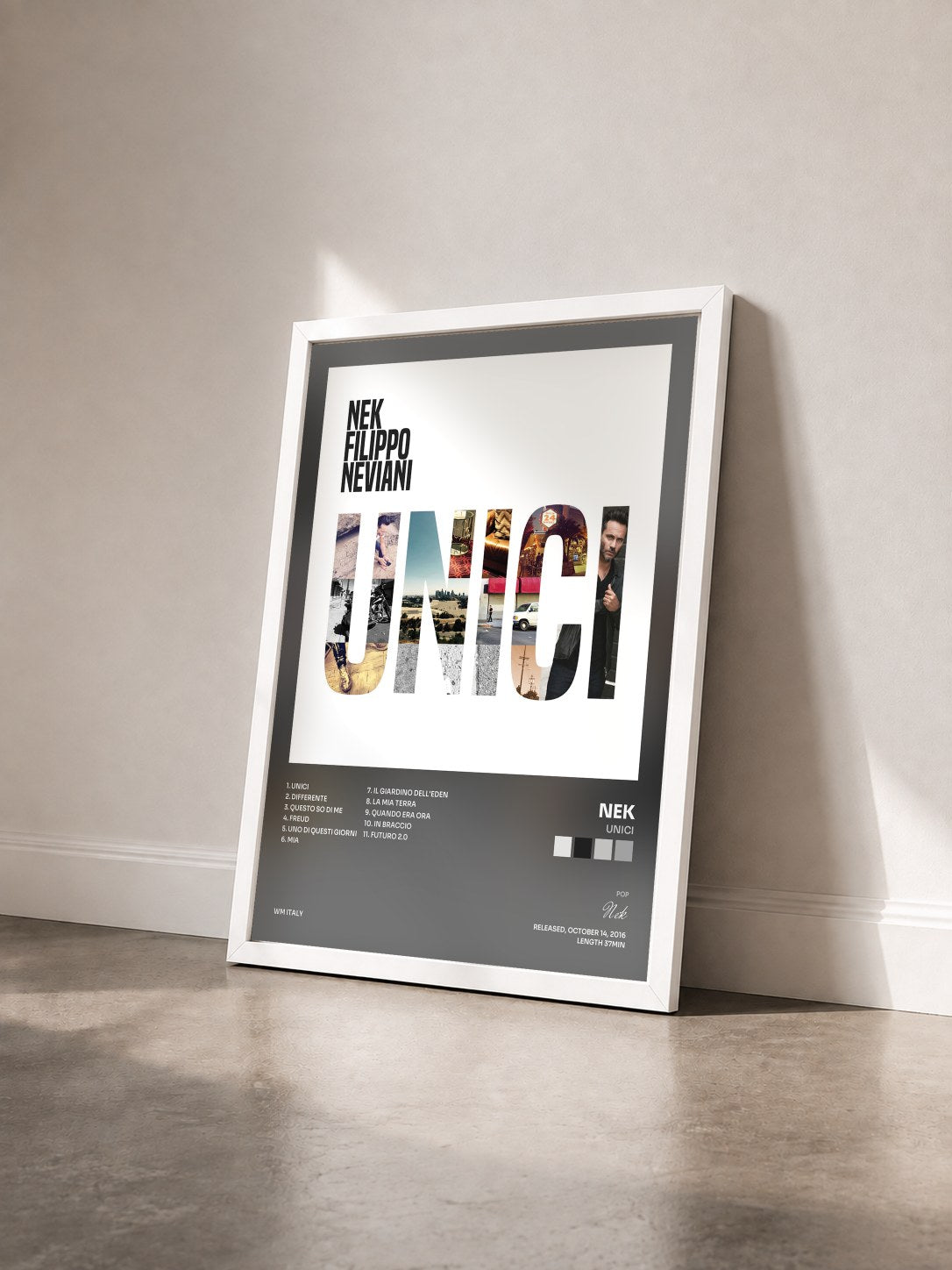 #blanc Tableau de l'album Unici de Nek vu de trois quarts, cadre blanc
