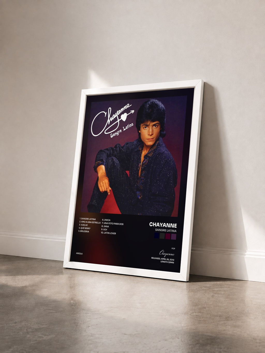 #blanc Tableau de l'album Sangre Latina de Chayanne vu de trois quarts, cadre blanc