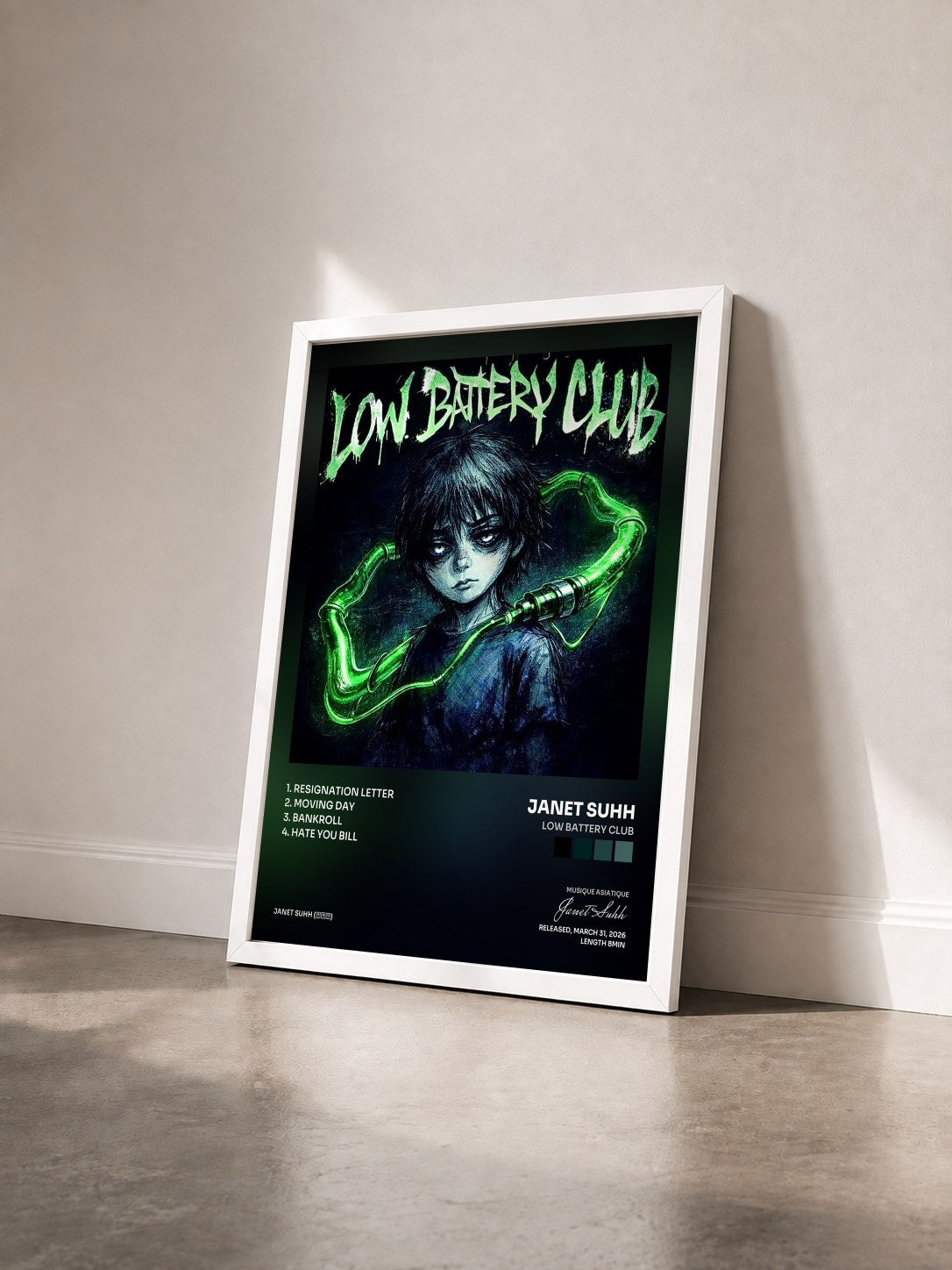#blanc Tableau de l'album LOW BATTERY CLUB de Janet Suhh vu de trois quarts, cadre blanc