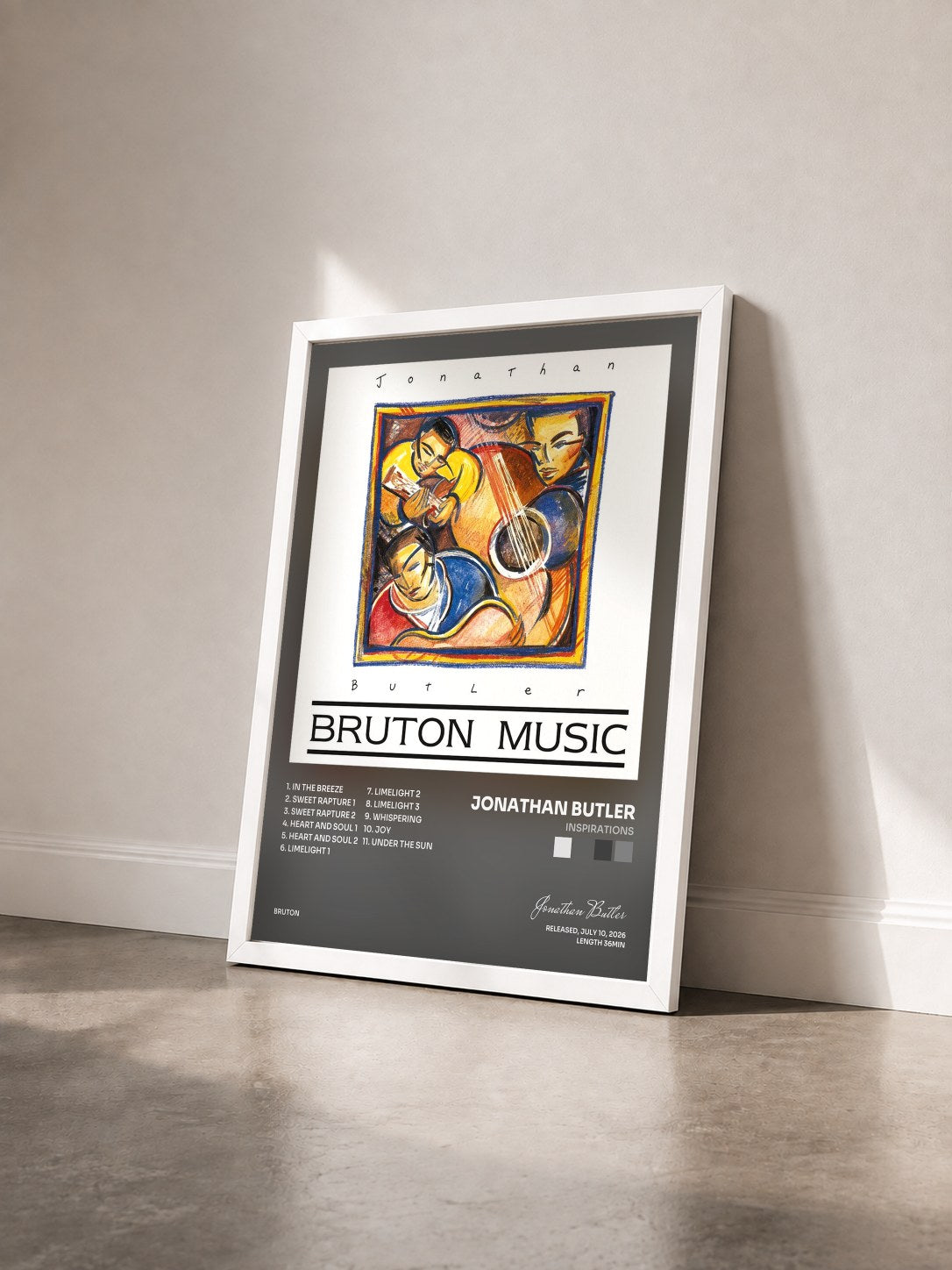 #blanc Tableau de l'album Inspirations de Jonathan Butler vu de trois quarts, cadre blanc
