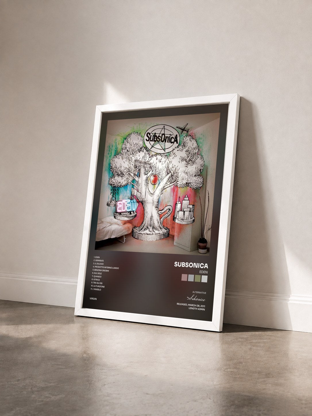 #blanc Tableau de l'album Eden de Subsonica vu de trois quarts, cadre blanc