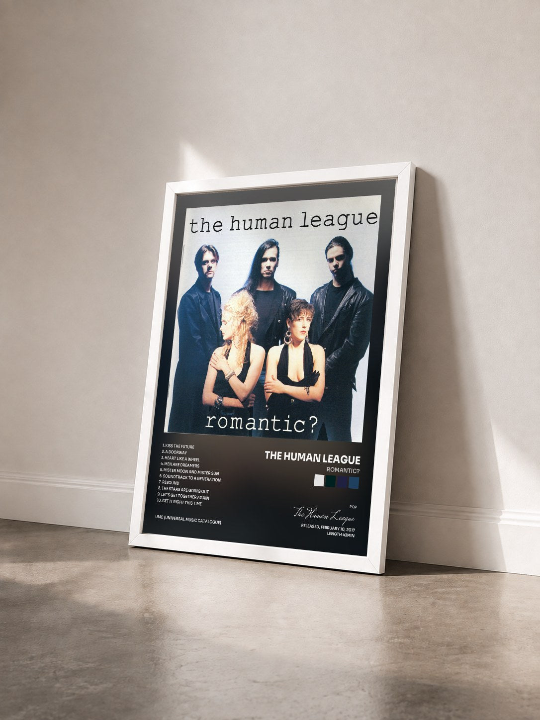 #blanc Tableau de l'album Romantic? de The Human League vu de trois quarts, cadre blanc