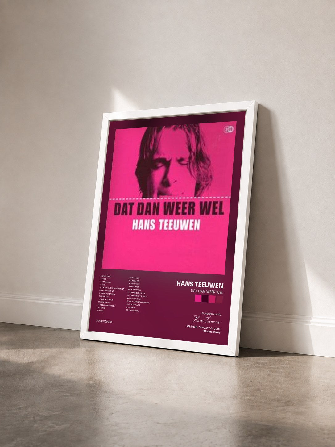 #blanc Tableau de l'album Dat Dan Weer Wel de Hans Teeuwen vu de trois quarts, cadre blanc
