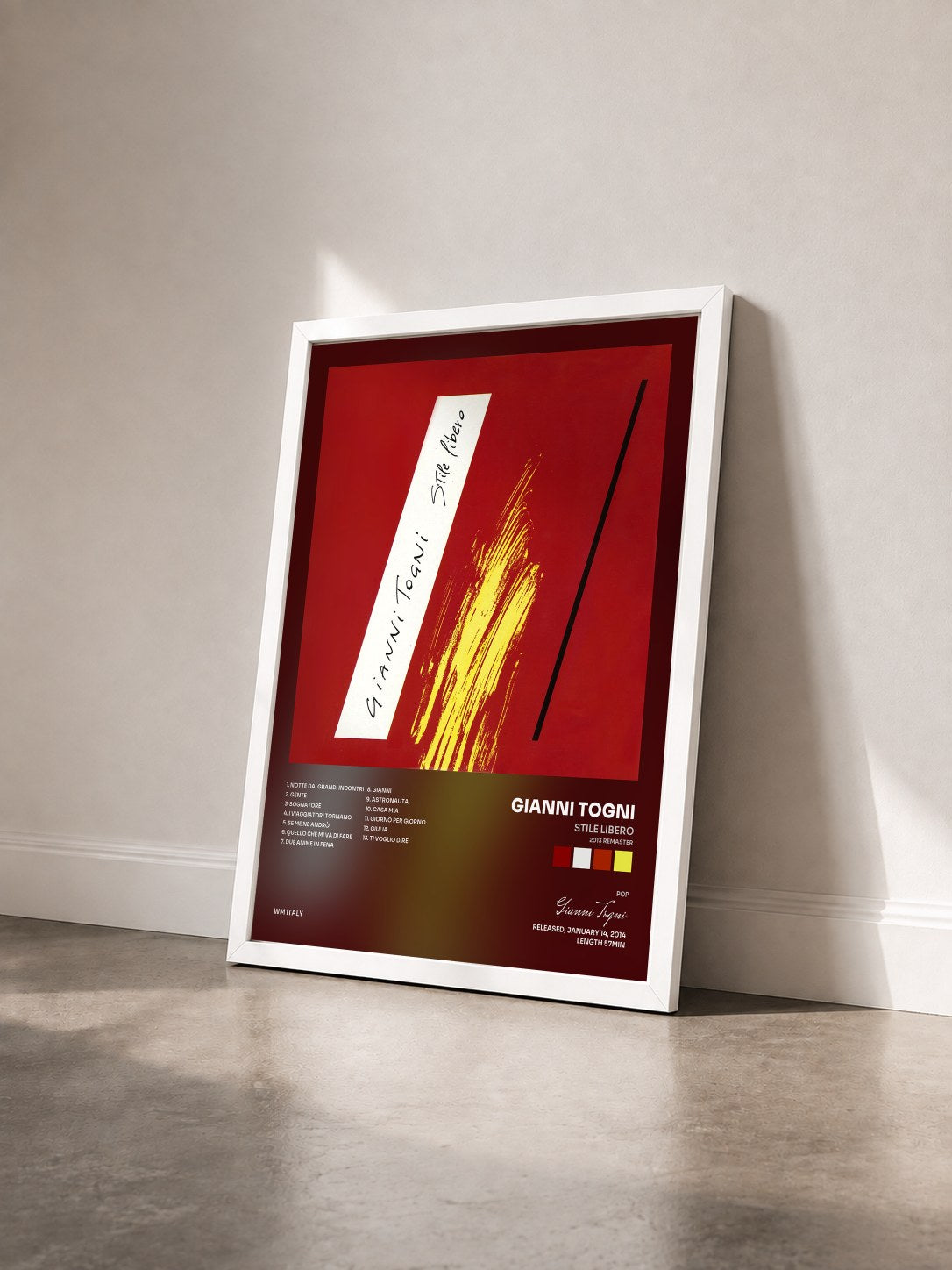 #blanc Tableau de l'album Stile libero (2013 Remaster) de Gianni Togni vu de trois quarts, cadre blanc