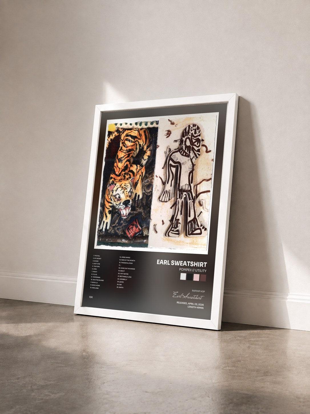 #blanc Tableau de l'album POMPEII // UTILITY de Earl Sweatshirt vu de trois quarts, cadre blanc