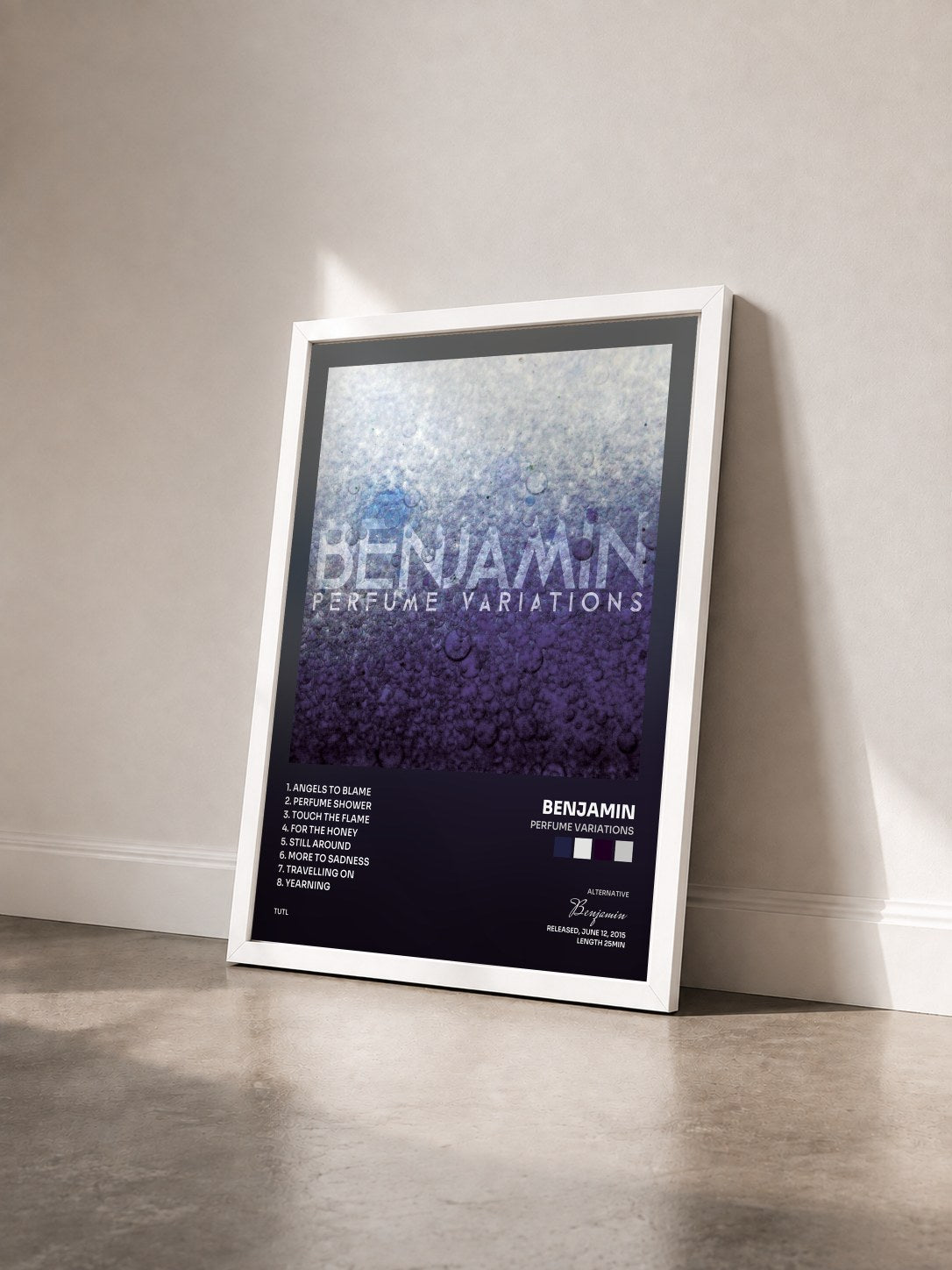 #blanc Tableau de l'album Perfume Variations de Benjamin vu de trois quarts, cadre blanc