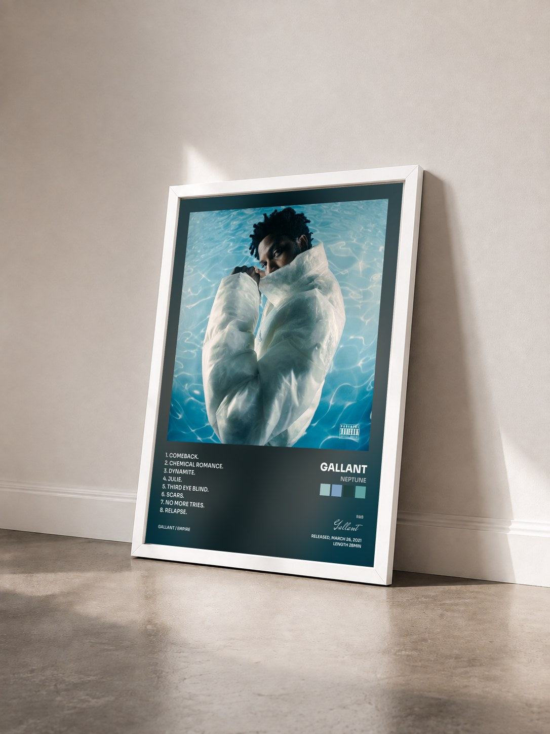 #blanc Tableau de l'album Neptune de Gallant vu de trois quarts, cadre blanc