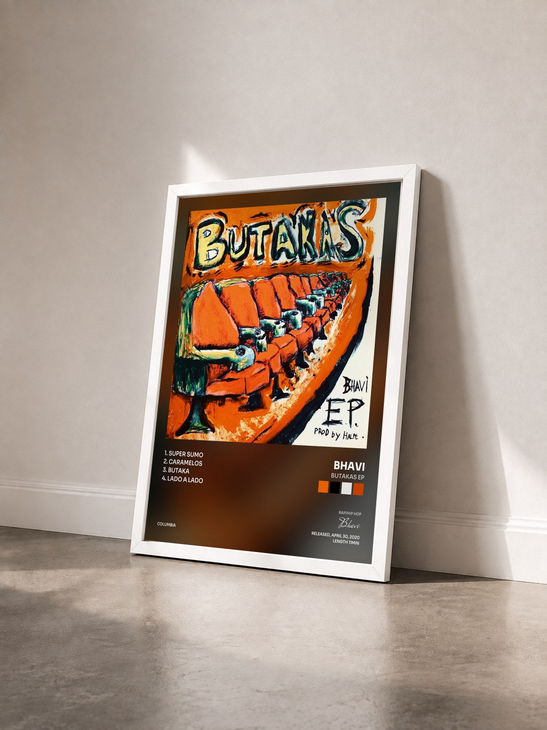 #blanc Tableau de l'album BUTAKAS EP de Bhavi vu de trois quarts, cadre blanc
