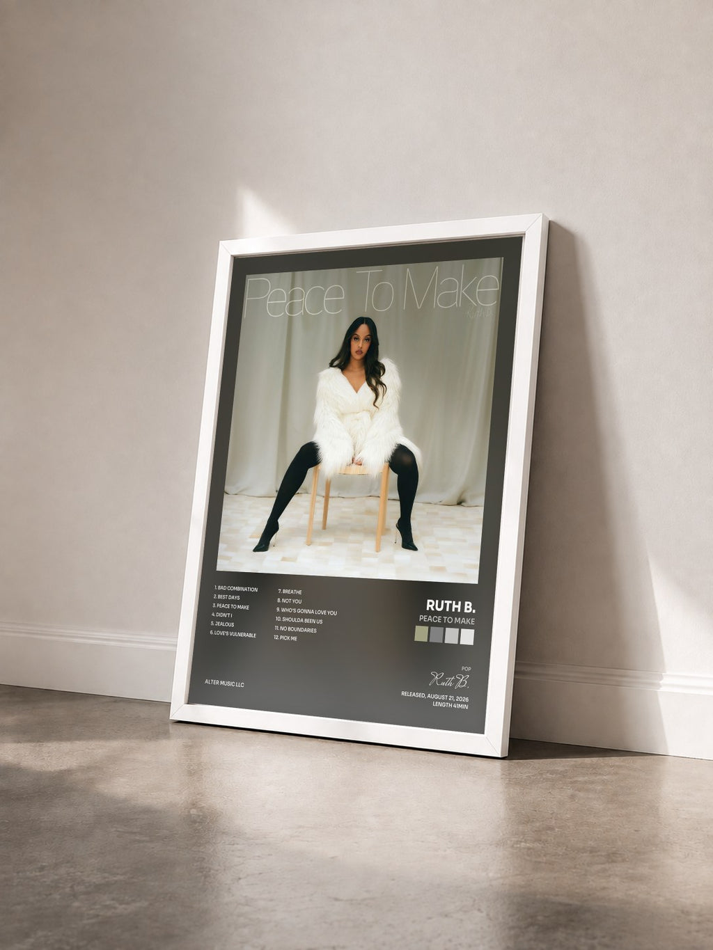 #blanc Tableau de l'album Peace To Make de Ruth B. vu de trois quarts, cadre blanc