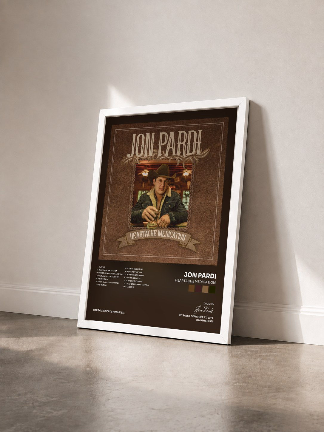 #blanc Tableau de l'album Heartache Medication de Jon Pardi vu de trois quarts, cadre blanc