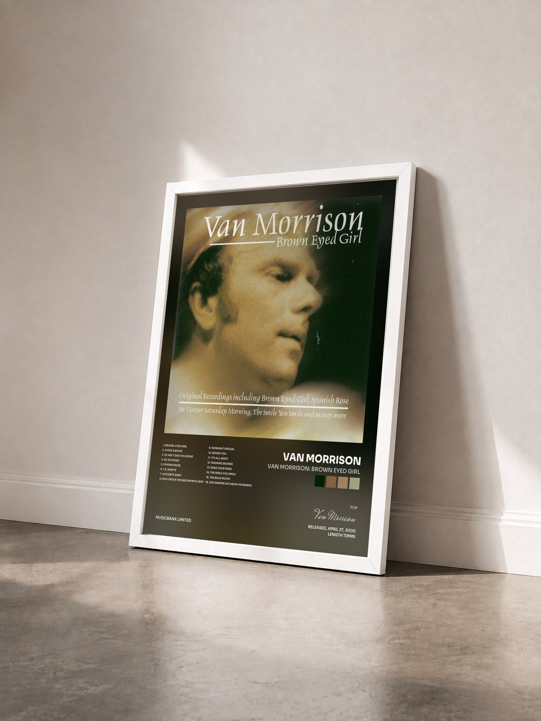 #blanc Tableau de l'album Van Morrison: Brown Eyed Girl de Van Morrison vu de trois quarts, cadre blanc
