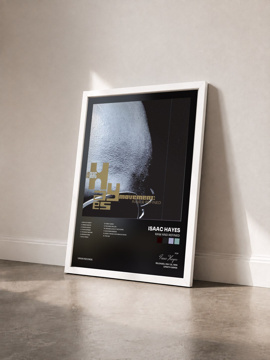 #blanc Tableau de l'album Raw And Refined de Isaac Hayes vu de trois quarts, cadre blanc