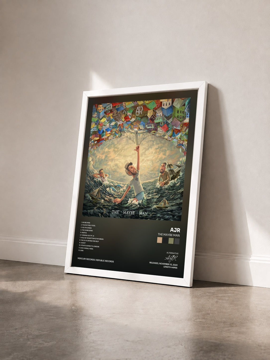 #blanc Tableau de l'album The Maybe Man de AJR vu de trois quarts, cadre blanc